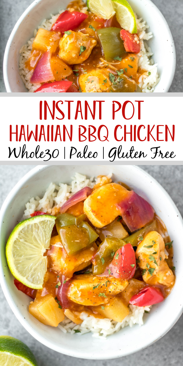 This Whole30 instant pot Hawaiian BBQ chicken recipe is so easy and quick and requires very little prep time. It all comes together in one pot in 30 minutes, and is also paleo, gluten-free and dairy-free. This Whole30 instant pot chicken breast recipe has a tangy sauce made from BBQ and pineapple that perfectly coats the bell peppers and onions and goes great mixed with rice or cauliflower rice. #whole30instantpot #instantpotchicken #glutenfreeinstantpot