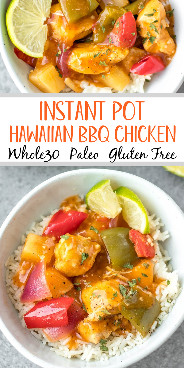 This Whole30 instant pot Hawaiian BBQ chicken recipe is so easy and quick and requires very little prep time. It all comes together in one pot in 30 minutes, and is also paleo, gluten-free and dairy-free. This Whole30 instant pot chicken breast recipe has a tangy sauce made from BBQ and pineapple that perfectly coats the bell peppers and onions and goes great mixed with rice or cauliflower rice. #whole30instantpot #instantpotchicken #glutenfreeinstantpot