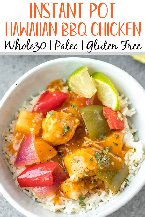 This Whole30 instant pot Hawaiian BBQ chicken recipe is so easy and quick and requires very little prep time. It all comes together in one pot in 30 minutes, and is also paleo, gluten-free and dairy-free. This Whole30 instant pot chicken breast recipe has a tangy sauce made from BBQ and pineapple that perfectly coats the bell peppers and onions and goes great mixed with rice or cauliflower rice. #whole30instantpot #instantpotchicken #glutenfreeinstantpot