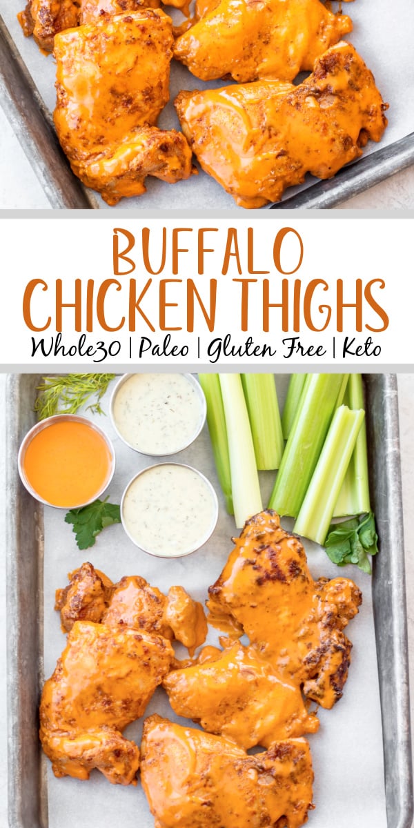 These buffalo chicken thighs are naturally gluten and dairy free. This versatile recipe can be made in both by being baked in the oven and cooked in the air fryer. It is made with a total of 5 staple ingredients you likely already have on hand alongside boneless chicken thighs and your go-to buffalo sauce. They take less than 30 minutes, and make an easy, healthy, dinner everyone will love. #healthychickenrecipes #glutenfreerecipes #buffalochicken #30minutemeals #whole30recipes #whole30chicken