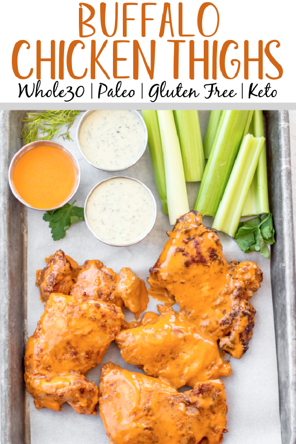 These buffalo chicken thighs are naturally gluten and dairy free. This versatile recipe can be made in both by being baked in the oven and cooked in the air fryer. It is made with a total of 5 staple ingredients you likely already have on hand alongside boneless chicken thighs and your go-to buffalo sauce. They take less than 30 minutes, and make an easy, healthy, dinner everyone will love. #healthychickenrecipes #glutenfreerecipes #buffalochicken #30minutemeals #whole30recipes #whole30chicken