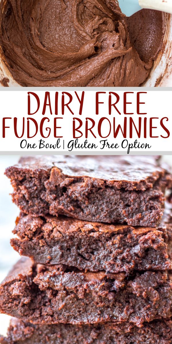 This dairy free brownies recipe is so easy to make, use oil or vegan butter, and only requires one bowl! With only a few simple ingredients, these brownies are perfectly fudgey, gooey and soft. There's an option to make your fudge brownies gluten free, too, and they make the best dessert or treat that everyone can enjoy! #dairyfreebrownies #brownieswithoutdairy #glutenfreebrownies