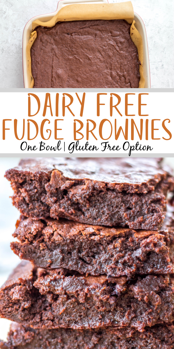 This dairy free brownies recipe is so easy to make, use oil or vegan butter, and only requires one bowl! With only a few simple ingredients, these brownies are perfectly fudgey, gooey and soft. There's an option to make your fudge brownies gluten free, too, and they make the best dessert or treat that everyone can enjoy! #dairyfreebrownies #brownieswithoutdairy #glutenfreebrownies