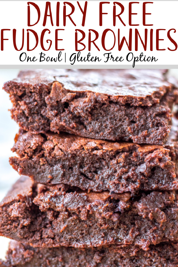 This dairy free brownies recipe is so easy to make, use oil or vegan butter, and only requires one bowl! With only a few simple ingredients, these brownies are perfectly fudgey, gooey and soft. There's an option to make your fudge brownies gluten free, too, and they make the best dessert or treat that everyone can enjoy! #dairyfreebrownies #brownieswithoutdairy #glutenfreebrownies