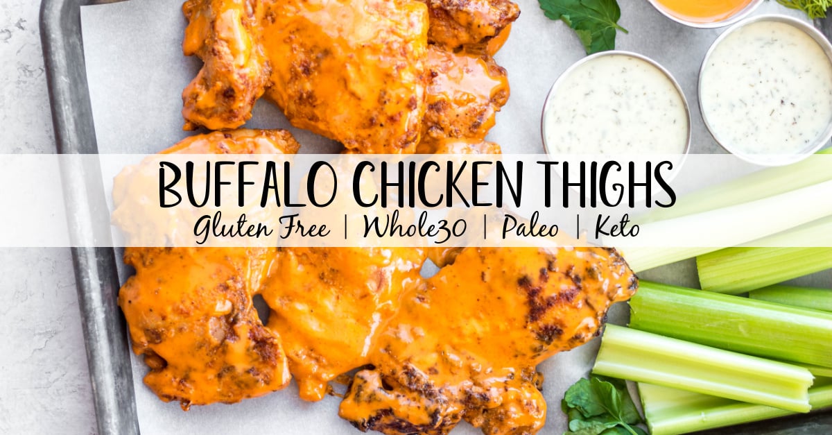 These buffalo chicken thighs are naturally gluten and dairy free. This versatile recipe can be made in both by being baked in the oven and cooked in the air fryer. It is made with a total of 5 staple ingredients you likely already have on hand alongside boneless chicken thighs and your go-to buffalo sauce. They take less than 30 minutes, and make an easy, healthy, dinner everyone will love. #healthychickenrecipes #glutenfreerecipes #buffalochicken #30minutemeals #whole30recipes #whole30chicken