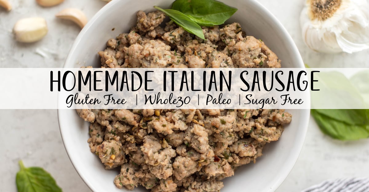 This homemade italian sausage is  Whole30 and paleo. It is gluten free and sugar free and is the best way to have a healthy Italian sausage on hand. This recipe uses a few staple ingredients you likely already have on hand and is fast and easy to make. Plus it can be frozen for later or used right away! Stop looking for paleo italian sausage at the store and make your own! #Whole30recipes #healthyporkrecipes #glutenfreepork