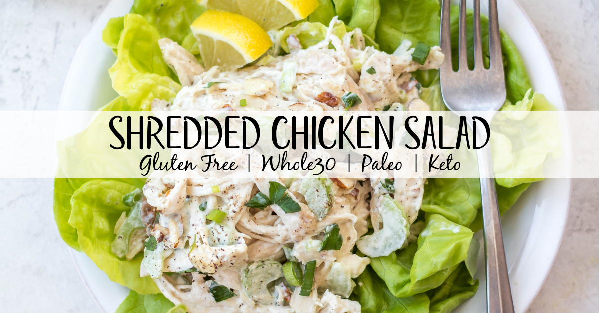 This easy shredded chicken salad recipe is so easy to make, and a great way to use leftover chicken or rotisserie chicken. It's made in under 20 minutes, with fewer than 10 ingredients and is awesome for lunch meal prep or shredded chicken salads. This salad is also Whole30, gluten free, dairy free, paleo and keto. #shreddedchickensalad #whole30chickensalad