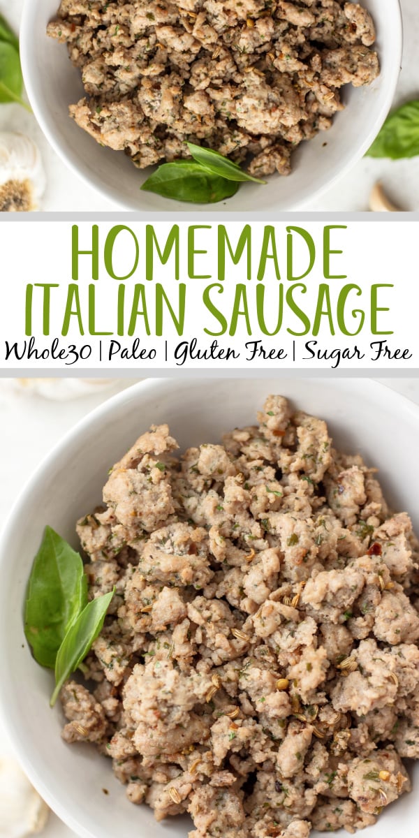 This homemade italian sausage is  Whole30 and paleo. It is gluten free and sugar free and is the best way to have a healthy Italian sausage on hand. This recipe uses a few staple ingredients you likely already have on hand and is fast and easy to make. Plus it can be frozen for later or used right away! Stop looking for paleo italian sausage at the store and make your own! #Whole30recipes #healthyporkrecipes #glutenfreepork