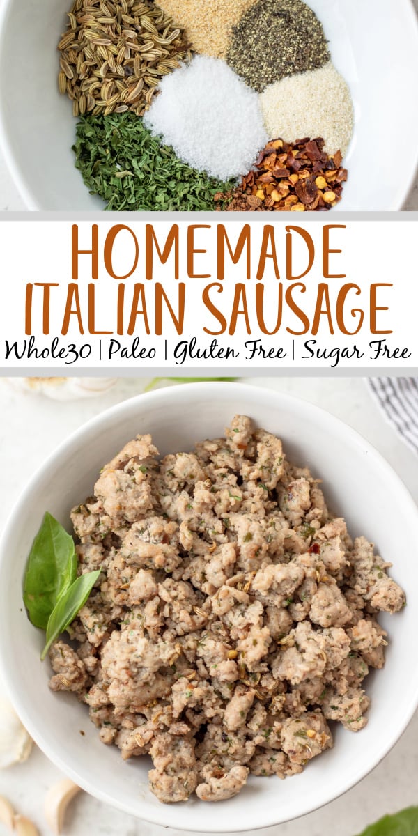 This homemade italian sausage is  Whole30 and paleo. It is gluten free and sugar free and is the best way to have a healthy Italian sausage on hand. This recipe uses a few staple ingredients you likely already have on hand and is fast and easy to make. Plus it can be frozen for later or used right away! Stop looking for paleo italian sausage at the store and make your own! #Whole30recipes #healthyporkrecipes #glutenfreepork