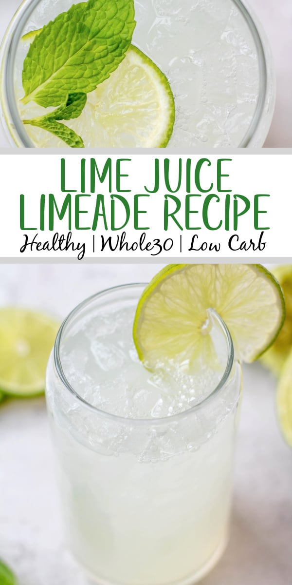 This lime juice recipe is refreshing, healthy and perfect for spring or summer! Known as limeade, this drink only uses a few simple ingredients, and can be made with fresh lime juice or bottled, sweetened or unsweetened! You'll love having this lime drink ready to go in the fridge to make drinking water more fun! #limejuice #limeade #limejuicerecipes #whole30drinks This lime juice recipe is refreshing, healthy and perfect for spring or summer! Known as limeade, this drink only uses a few simple ingredients, and can be made with fresh lime juice or bottled, sweetened or unsweetened! You'll love having this lime drink ready to go in the fridge to make drinking water more fun! #limejuice #limeade #limejuicerecipes #whole30drinks
