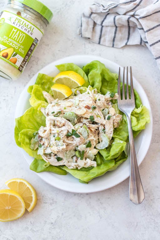 This easy shredded chicken salad recipe is so easy to make, and a great way to use leftover chicken or rotisserie chicken. It's made in under 20 minutes, with fewer than 10 ingredients and is awesome for lunch meal prep or shredded chicken salads. This salad is also Whole30, gluten free, dairy free, paleo and keto. #shreddedchickensalad #whole30chickensalad