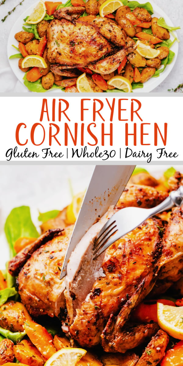 Air fryer Cornish hen is a Whole30 meal that is ready in thirty minutes. It is also gluten free, dairy free, and delicious. This recipe uses only a few staple ingredients and makes for a crispy and delicious meal. Update your old recipe with this easy air fryer Cornish hen! #whole30recipes #healthyrecipes #glutenfreerecipes #dairyfreerecipes #healthydinner #glutenfreedairyfreerecipes