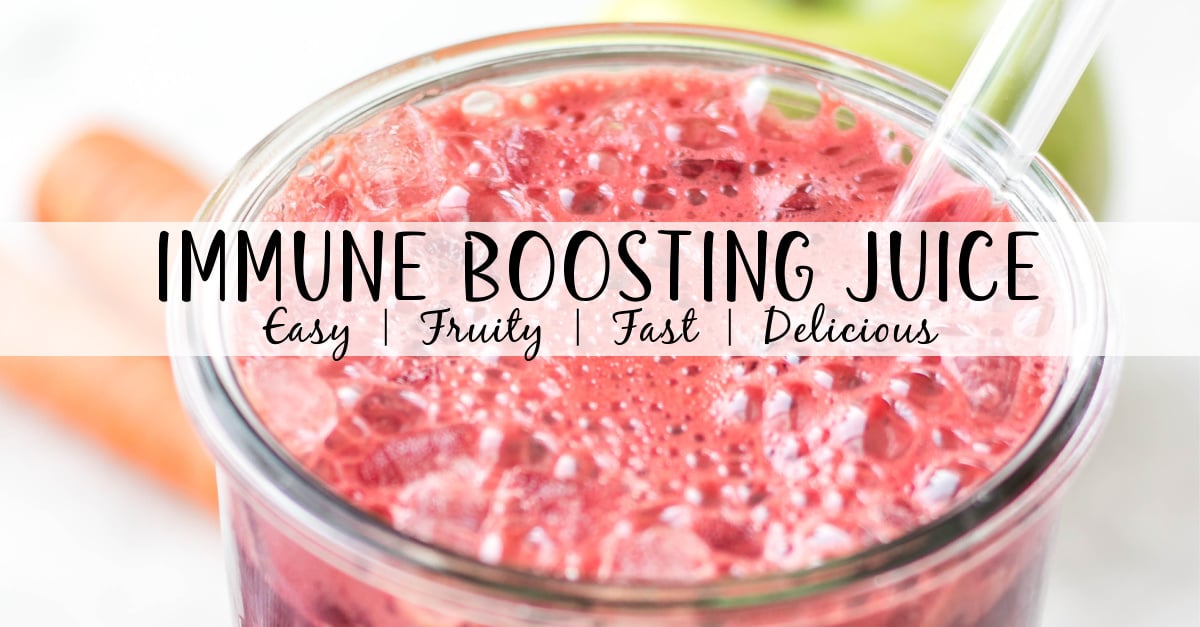This immune boosting juice recipe is a delicious, fast way to get fruits and vegetables into your day. This juice recipe is so refreshing, delicious, and nutrient dense. Juicing beets, carrots, celery, lemon, apple and cucumber together is my favorite combination for a tasty drink that boosts immunity and helps the digestive system. #healthyrecipes #whole30recipes #healthysnacks #juicerecipes