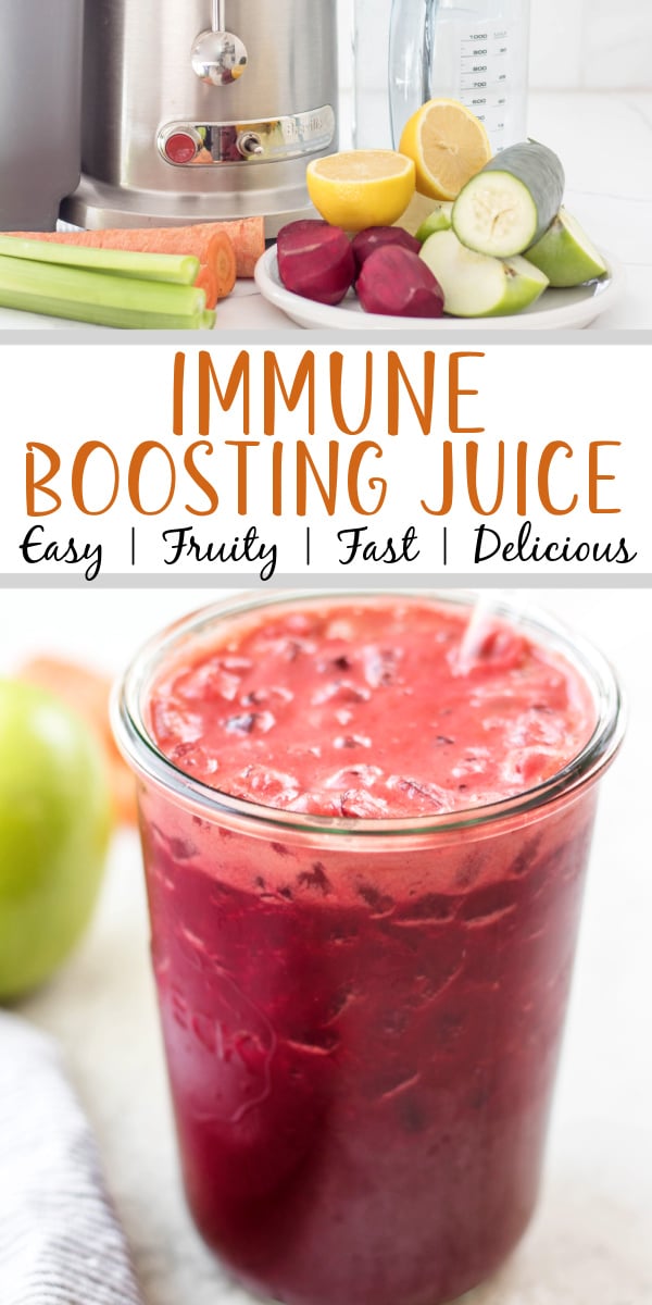 This immune boosting juice recipe is a delicious, fast way to get fruits and vegetables into your day. This juice recipe is so refreshing, delicious, and nutrient dense. Juicing beets, carrots, celery, lemon, apple and cucumber together is my favorite combination for a tasty drink that boosts immunity and helps the digestive system. #healthyrecipes #whole30recipes #healthysnacks #juicerecipes