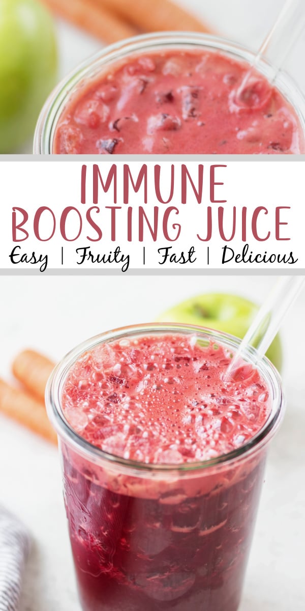 This immune boosting juice recipe is a delicious, fast way to get fruits and vegetables into your day. This juice recipe is so refreshing, delicious, and nutrient dense. Juicing beets, carrots, celery, lemon, apple and cucumber together is my favorite combination for a tasty drink that boosts immunity and helps the digestive system. #healthyrecipes #whole30recipes #healthysnacks #juicerecipes