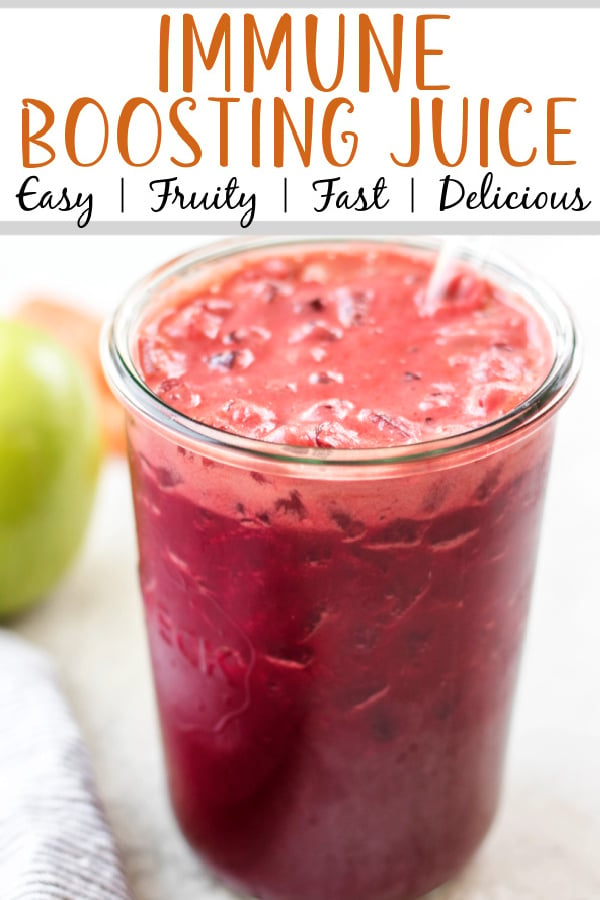 This immune boosting juice recipe is a delicious, fast way to get fruits and vegetables into your day. This juice recipe is so refreshing, delicious, and nutrient dense. Juicing beets, carrots, celery, lemon, apple and cucumber together is my favorite combination for a tasty drink that boosts immunity and helps the digestive system. #healthyrecipes #whole30recipes #healthysnacks #juicerecipes