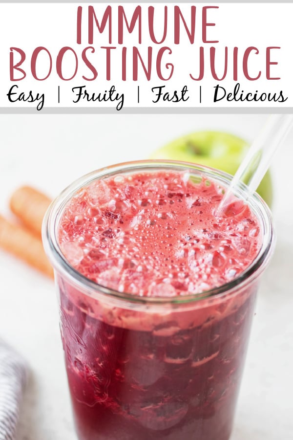 This immune boosting juice recipe is a delicious, fast way to get fruits and vegetables into your day. This juice recipe is so refreshing, delicious, and nutrient dense. Juicing beets, carrots, celery, lemon, apple and cucumber together is my favorite combination for a tasty drink that boosts immunity and helps the digestive system. #healthyrecipes #whole30recipes #healthysnacks #juicerecipes