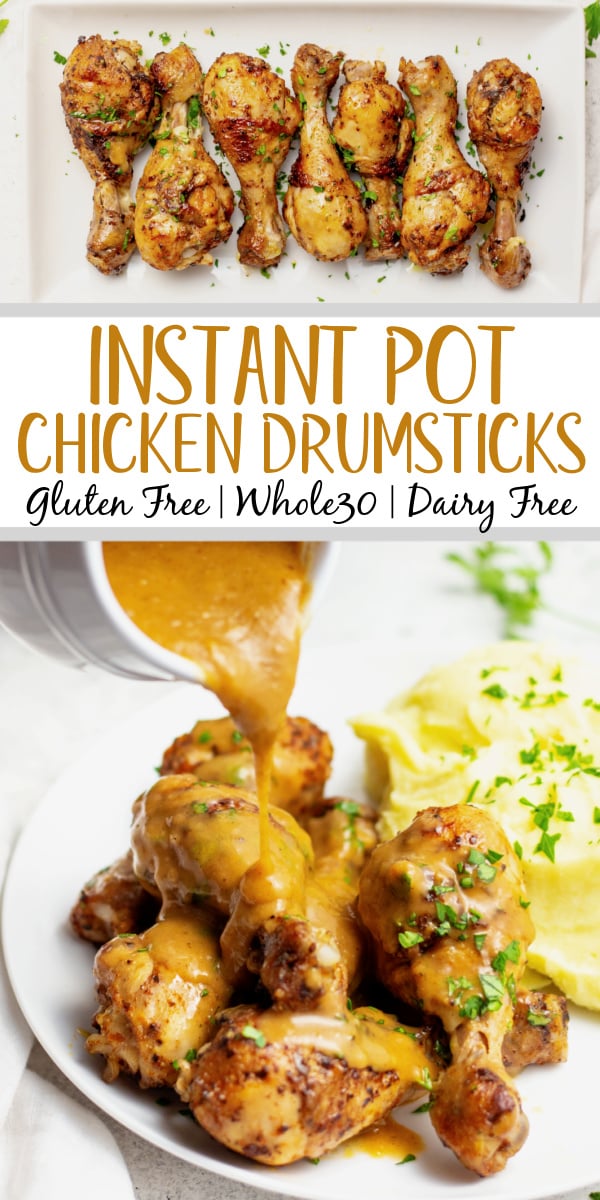 These instant pot chicken drumsticks are a fast way to get perfect chicken drumsticks without a lot of mess. They are both gluten and dairy free and are absolutely delicious. The homemade gravy makes this recipe perfect for a classic chicken and mashed potato meal the whole family will love, plus it's Whole30, paleo and low carb! This 30 minute, no mess instant pot chicken is sure to be a hit! #healthyrecipes #glutenfreerecipes #dairyfreerecipes #whole30recipes #glutenfreedairyfreerecipes #healthychickenrecipes #chickendrumsticks