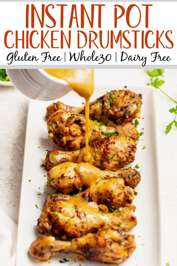 These instant pot chicken drumsticks are a fast way to get perfect chicken drumsticks without a lot of mess. They are both gluten and dairy free and are absolutely delicious. The homemade gravy makes this recipe perfect for a classic chicken and mashed potato meal the whole family will love, plus it's Whole30, paleo and low carb! This 30 minute, no mess instant pot chicken is sure to be a hit! #healthyrecipes #glutenfreerecipes #dairyfreerecipes #whole30recipes #glutenfreedairyfreerecipes #healthychickenrecipes #chickendrumsticks