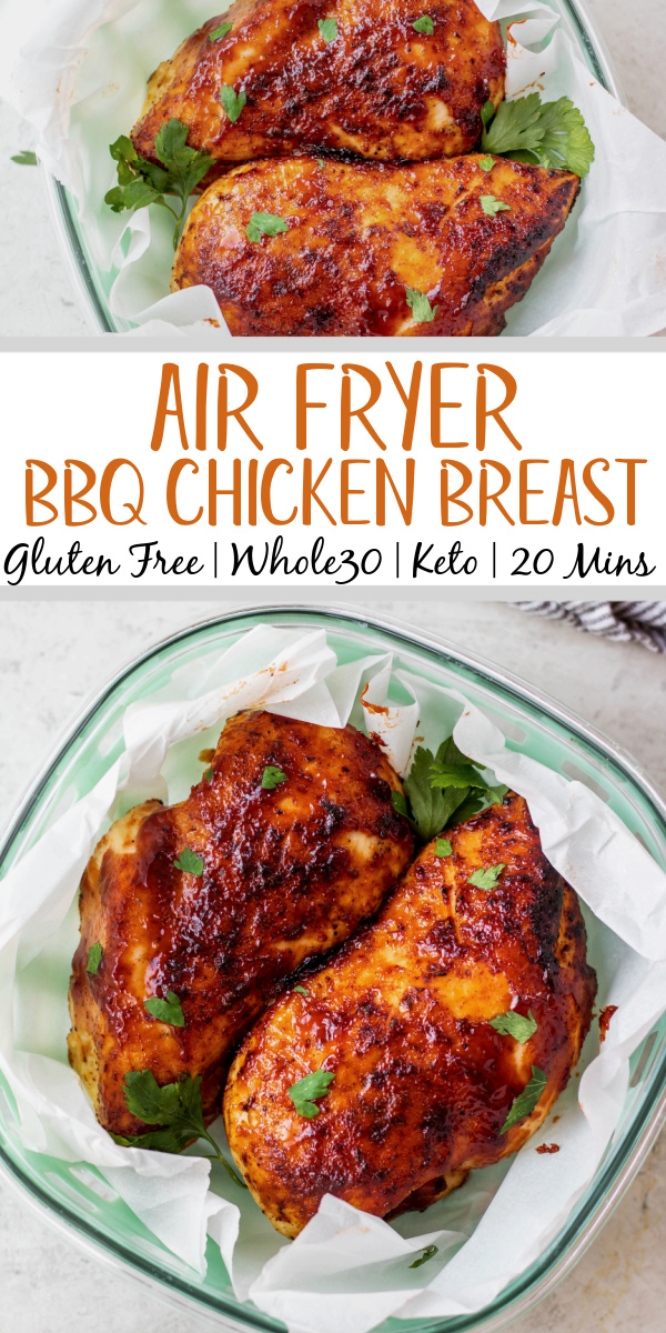 This air fryer BBQ chicken breast recipe is ideal for a quick weeknight dinner or healthy meal prep option for lunch! It's Whole30, keto and low carb, and gluten-free! It's so easy to prepare and cooks in 20 minutes. Using just a few simple ingredients, including boneless chicken breast, garlic powder and BBQ sauce, this recipe comes out juicy and perfect every time! #airfryerchicken #whole30chicken