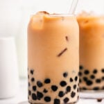 Boba coffee is naturally gluten free and can easily be dairy free as well. It uses only four ingredients to create a refreshing, visually appealing drink easily and quickly. Making your own bubble coffee at home saves you money and this versatile recipe can be tuned to your personal taste and hits the spot anytime from breakfast into the evening. #bobacoffee #bubblecoffee #glutenfreerecipes #dairyfreerecipes #glutenfreedairyfreerecipes #healthybreakfastrecipes