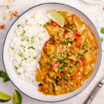This peanut butter chicken skillet is a super easy one pot meal. It is naturally dairy free and gluten free and the combination of the spices, chicken, and peanut butter make for a hearty, fulfilling dish. It takes less than 20 minutes from start to finish for a dinner that the whole family will love! #dairyfreerecipes #glutenfreerecipes #glutenfreedairyfreerecipes #healthychickenrecipes #healthydinnerrecipes #30minutemeals