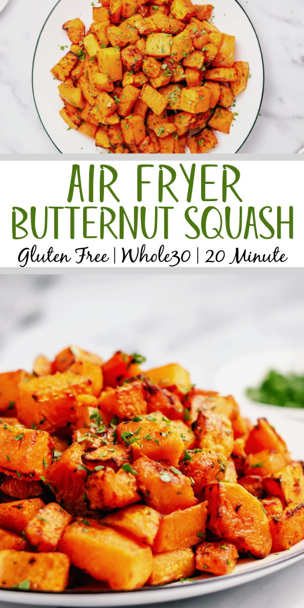 Butternut squash is a simple side that can go with almost anything. This air fryer recipe is paleo, Whole30, and gluten free. Using only a few staple ingredients it is ready in twenty minutes from start to finish. Add a new fresh and healthy side to your rotation with this air fryer butternut squash recipe! #healthyairfryerrecipes #butternutsquashrecipes #butternutsquash #glutenfreerecipes #dairyfreerecipes #glutenfreedairyfreerecipes