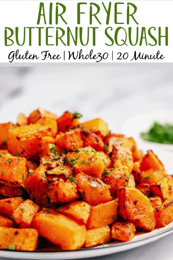 Butternut squash is a simple side that can go with almost anything. This air fryer recipe is paleo, Whole30, and gluten free. Using only a few staple ingredients it is ready in twenty minutes from start to finish. Add a new fresh and healthy side to your rotation with this air fryer butternut squash recipe! #healthyairfryerrecipes #butternutsquashrecipes #butternutsquash #glutenfreerecipes #dairyfreerecipes #glutenfreedairyfreerecipes