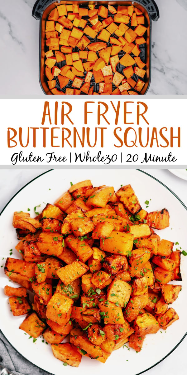 Butternut squash is a simple side that can go with almost anything. This air fryer recipe is paleo, Whole30, and gluten free. Using only a few staple ingredients it is ready in twenty minutes from start to finish. Add a new fresh and healthy side to your rotation with this air fryer butternut squash recipe! #healthyairfryerrecipes #butternutsquashrecipes #butternutsquash #glutenfreerecipes #dairyfreerecipes #glutenfreedairyfreerecipes