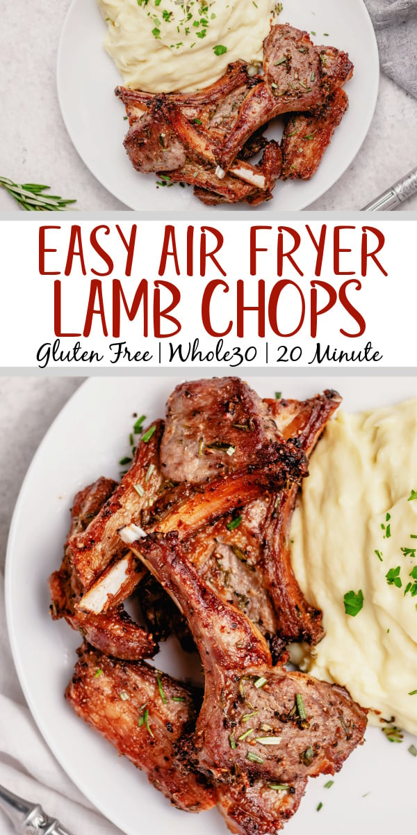 These air fryer lamb chops are among the easiest and fastest ways to get a delicious lamb entree on the table. They are both dairy free and gluten free, along with completely paleo and Whole30 lamb chops. This recipe goes with almost anything and takes 20 minutes from start to finish. Impress your friends and become a lamb chop expert overnight with this recipe! #glutenfreerecipes #dairyfreerecipes #glutenfreedairyfreerecipes #20minutemeals #whole30recipes #healthylambrecipes #airfryerrecipes