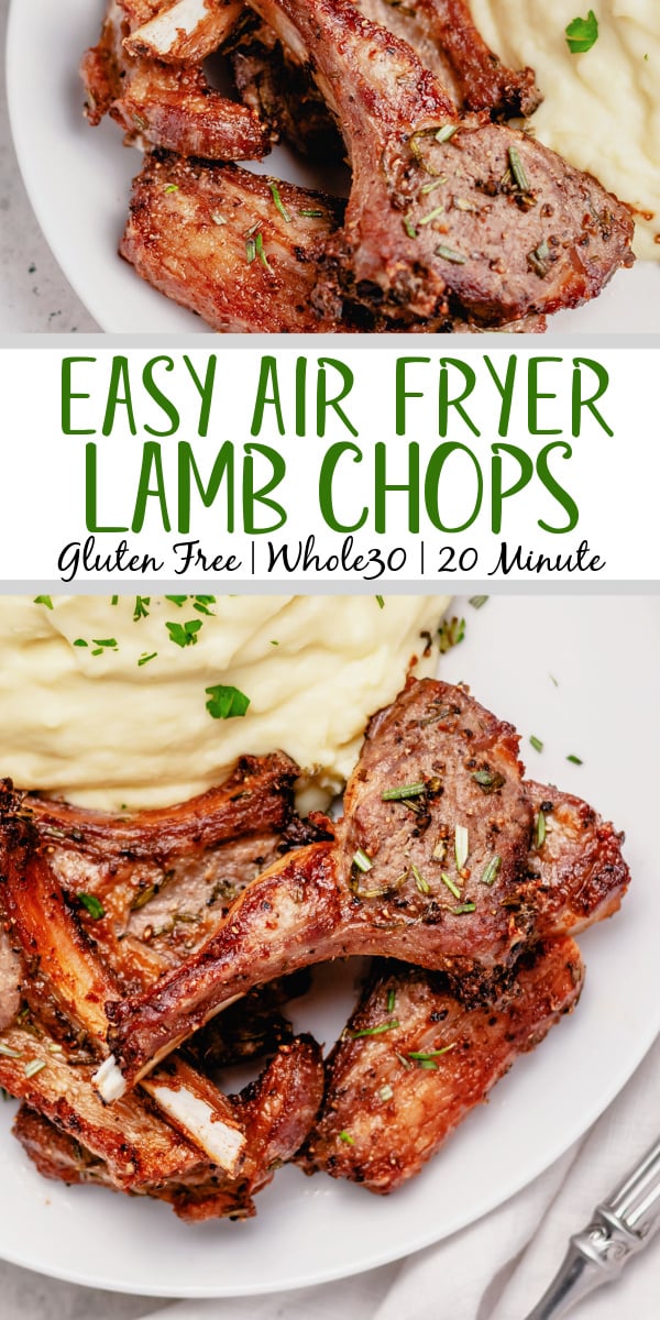 These air fryer lamb chops are among the easiest and fastest ways to get a delicious lamb entree on the table. They are both dairy free and gluten free, along with completely paleo and Whole30 lamb chops. This recipe goes with almost anything and takes 20 minutes from start to finish. Impress your friends and become a lamb chop expert overnight with this recipe! #glutenfreerecipes #dairyfreerecipes #glutenfreedairyfreerecipes #20minutemeals #whole30recipes #healthylambrecipes #airfryerrecipes