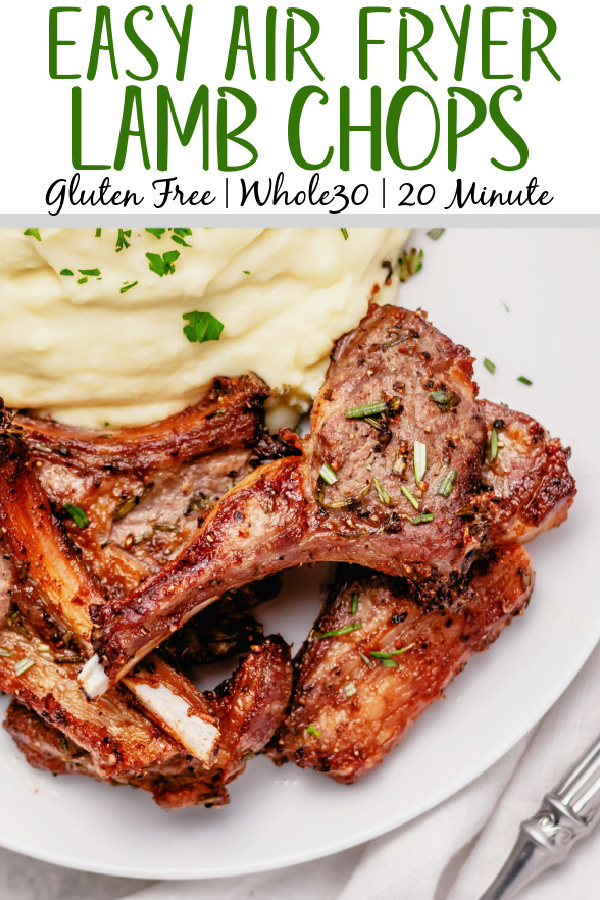 These air fryer lamb chops are among the easiest and fastest ways to get a delicious lamb entree on the table. They are both dairy free and gluten free, along with completely paleo and Whole30 lamb chops. This recipe goes with almost anything and takes 20 minutes from start to finish. Impress your friends and become a lamb chop expert overnight with this recipe! #glutenfreerecipes #dairyfreerecipes #glutenfreedairyfreerecipes #20minutemeals #whole30recipes #healthylambrecipes #airfryerrecipes