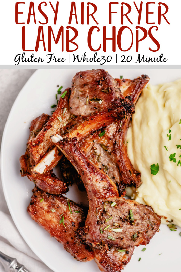 These air fryer lamb chops are among the easiest and fastest ways to get a delicious lamb entree on the table. They are both dairy free and gluten free, along with completely paleo and Whole30 lamb chops. This recipe goes with almost anything and takes 20 minutes from start to finish. Impress your friends and become a lamb chop expert overnight with this recipe! #glutenfreerecipes #dairyfreerecipes #glutenfreedairyfreerecipes #20minutemeals #whole30recipes #healthylambrecipes #airfryerrecipes