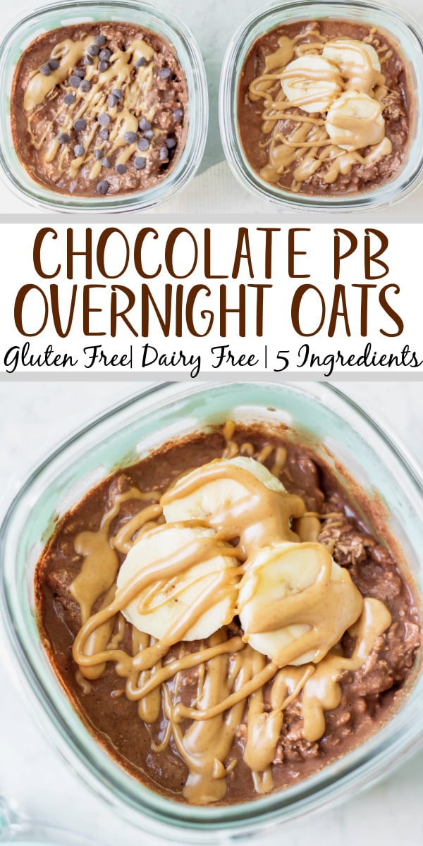 This chocolate peanut butter overnight oats recipe is the perfect breakfast meal prep. It's gluten free, dairy free and can easily be made vegan! You can have several days of breakfasts made in under 10 minutes and with only 5 simple, healthy ingredients including rolled oats, peanut butter and almond milk. This grab and go recipe makes overnight oats without yogurt so it's just staple pantry ingredients you'll need! #overnightoats #peanutbutterovernightoats #rolledoats