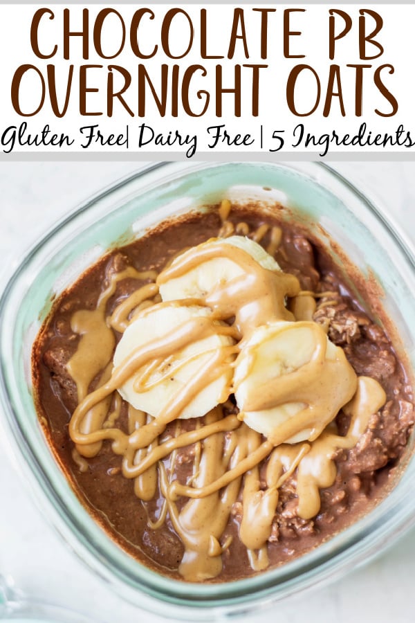 This chocolate peanut butter overnight oats recipe is the perfect breakfast meal prep. It's gluten free, dairy free and can easily be made vegan! You can have several days of breakfasts made in under 10 minutes and with only 5 simple, healthy ingredients including rolled oats, peanut butter and almond milk. This grab and go recipe makes overnight oats without yogurt so it's just staple pantry ingredients you'll need! #overnightoats #peanutbutterovernightoats #rolledoats