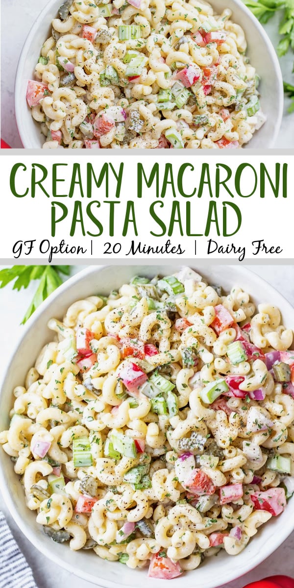 This easy, creamy macaroni salad is a flavorful pasta salad side dish that is the perfect combination of sweet and tart. The mayo based dressing is simple and not too overpowering, and it's sure to be a hit at every potluck or BBQ this summer! Made with sweet pickles, red onion, celery and red pepper, it can be made gluten free, dairy free, vegan and in under 30 minutes! #creamypastasalad #veganmacaronisalad #macaronisalad #sidedish