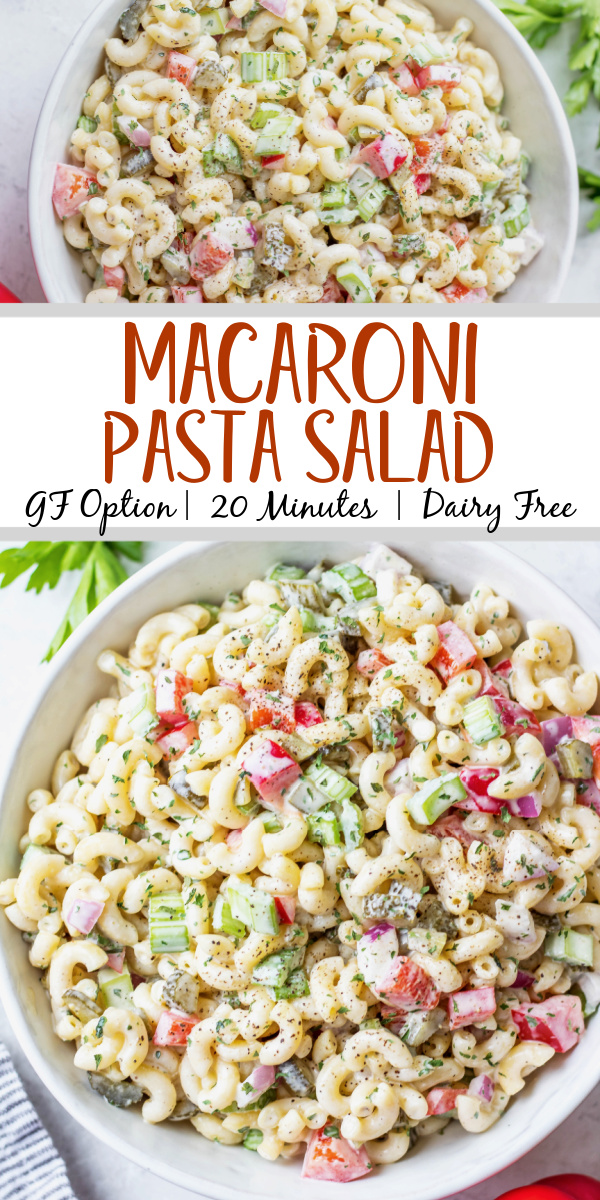 This easy, creamy macaroni salad is a flavorful pasta salad side dish that is the perfect combination of sweet and tart. The mayo based dressing is simple and not too overpowering, and it's sure to be a hit at every potluck or BBQ this summer! Made with sweet pickles, red onion, celery and red pepper, it can be made gluten free, dairy free, vegan and in under 30 minutes! #creamypastasalad #veganmacaronisalad #macaronisalad #sidedish