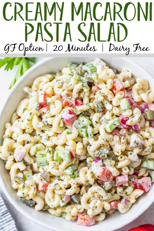 This easy, creamy macaroni salad is a flavorful pasta salad side dish that is the perfect combination of sweet and tart. The mayo based dressing is simple and not too overpowering, and it's sure to be a hit at every potluck or BBQ this summer! Made with sweet pickles, red onion, celery and red pepper, it can be made gluten free, dairy free, vegan and in under 30 minutes! #creamypastasalad #veganmacaronisalad #macaronisalad #sidedish