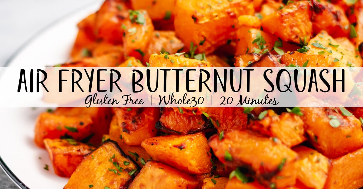 Butternut squash is a simple side that can go with almost anything. This air fryer recipe is paleo, Whole30, and gluten free. Using only a few staple ingredients it is ready in twenty minutes from start to finish. Add a new fresh and healthy side to your rotation with this air fryer butternut squash recipe! #healthyairfryerrecipes #butternutsquashrecipes #butternutsquash #glutenfreerecipes #dairyfreerecipes #glutenfreedairyfreerecipes