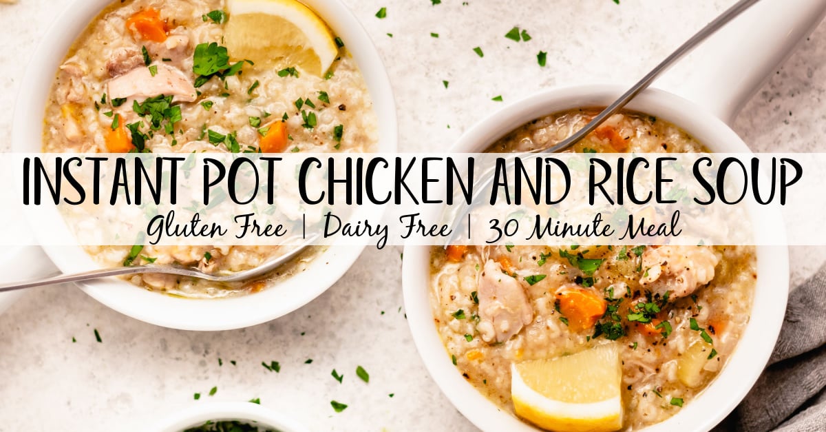 Instant pot chicken and rice soup is the perfect way to get a fulfilling, hearty soup on the table fast. It has minimal prep and is both gluten free and dairy free, and because it's done in the instant pot there's only one dish to clean. This chicken soup is perfect for a family meal on its own or a starter or side for a gathering. Plus it's ready in under 30 minutes! #glutenfreerecipes #dairyfreerecipes #healthychickenrecipes #chickensouprecipes #glutenfreedairyfreerecipes #instantpotrecipes