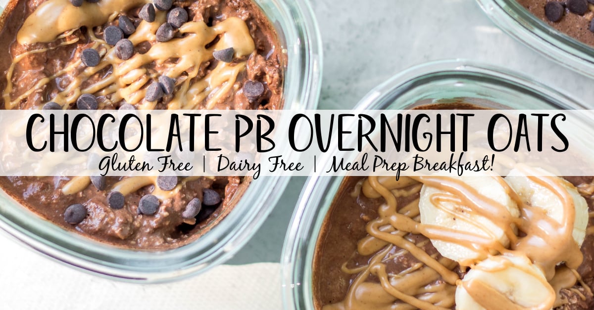 This chocolate peanut butter overnight oats recipe is the perfect breakfast meal prep. It's gluten free, dairy free and can easily be made vegan! You can have several days of breakfasts made in under 10 minutes and with only 5 simple, healthy ingredients including rolled oats, peanut butter and almond milk. This grab and go recipe makes overnight oats without yogurt so it's just staple pantry ingredients you'll need! #overnightoats #peanutbutterovernightoats #rolledoats