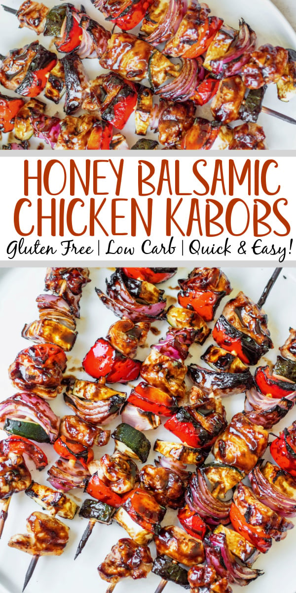 This honey balsamic grilled chicken kabob recipe is perfect for any summer dinner or family gathering. Made with lots of vegetables including zucchini, red onion and red pepper, these grilled chicken kabobs are quick to prep and grill, and glazed with an easy honey balsamic sauce! They're gluten free, low carb and paleo, so everyone can and will enjoy! #grilledchicken #chickenkabobs #balsamic #grilling