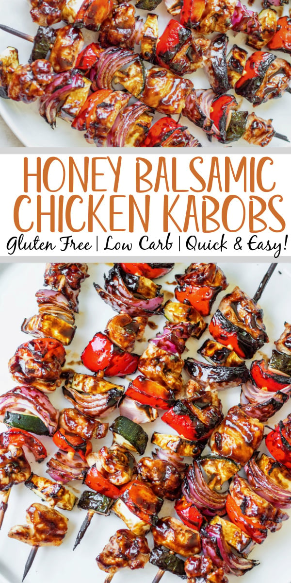 This honey balsamic grilled chicken kabob recipe is perfect for any summer dinner or family gathering. Made with lots of vegetables including zucchini, red onion and red pepper, these grilled chicken kabobs are quick to prep and grill, and glazed with an easy honey balsamic sauce! They're gluten free, low carb and paleo, so everyone can and will enjoy! #grilledchicken #chickenkabobs #balsamic #grilling
