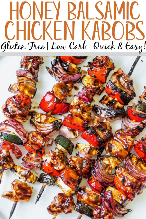 This honey balsamic grilled chicken kabob recipe is perfect for any summer dinner or family gathering. Made with lots of vegetables including zucchini, red onion and red pepper, these grilled chicken kabobs are quick to prep and grill, and glazed with an easy honey balsamic sauce! They're gluten free, low carb and paleo, so everyone can and will enjoy! #grilledchicken #chickenkabobs #balsamic #grilling