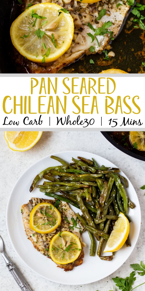 This pan seared Chilean sea bass recipe cooks in just one pan, only 5 ingredients and in under 20 minutes! It's deliciously flaky, tender and buttery while still being gluten free, low carb and keto, Whole30, and dairy free. The fresh lemon and blend of herbs pack in so much flavor while keeping this a very simple fish dish to make for a special occasion or for a healthy sea bass recipe any night of the week. #chileanseabass #seabassrecipe #ketofishrecipes #pansearedchileanseabass