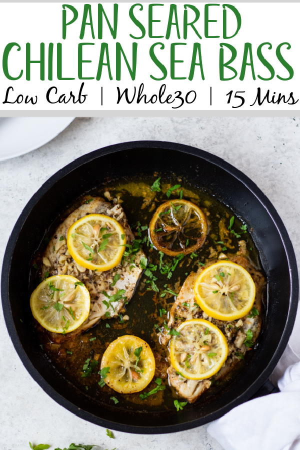This pan seared Chilean sea bass recipe cooks in just one pan, only 5 ingredients and in under 20 minutes! It's deliciously flaky, tender and buttery while still being gluten free, low carb and keto, Whole30, and dairy free. The fresh lemon and blend of herbs pack in so much flavor while keeping this a very simple fish dish to make for a special occasion or for a healthy sea bass recipe any night of the week. #chileanseabass #seabassrecipe #ketofishrecipes #pansearedchileanseabass