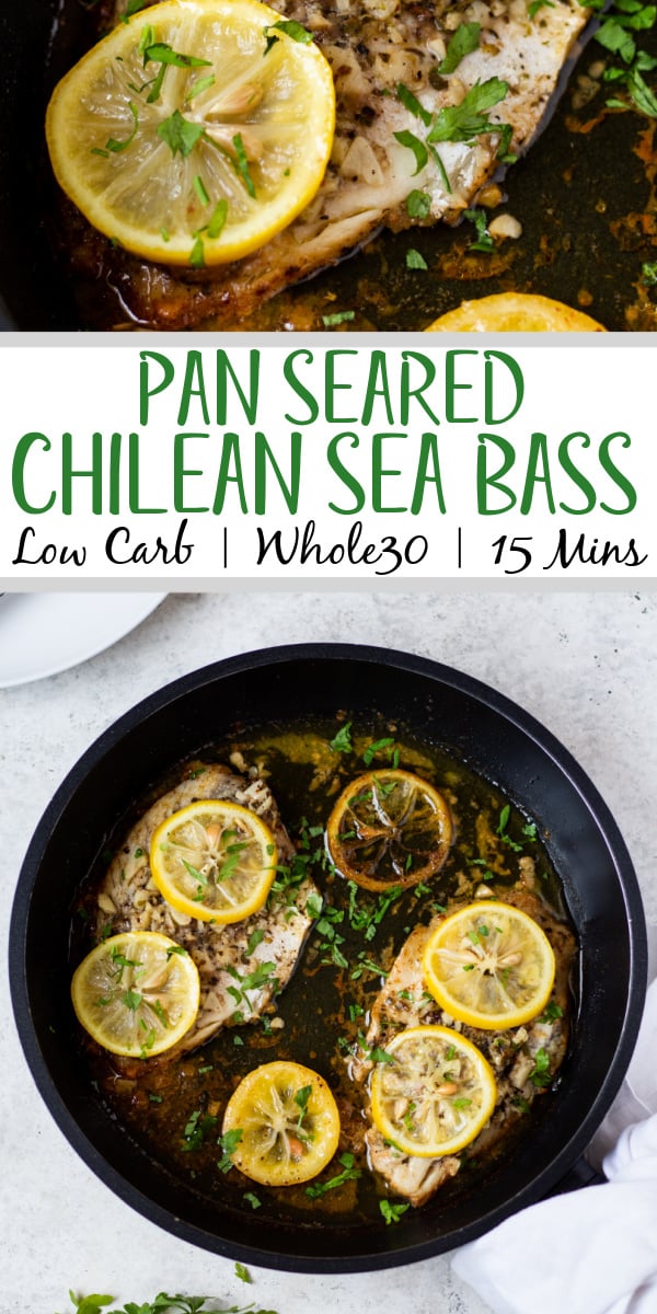 This pan seared Chilean sea bass recipe cooks in just one pan, only 5 ingredients and in under 20 minutes! It's deliciously flaky, tender and buttery while still being gluten free, low carb and keto, Whole30, and dairy free. The fresh lemon and blend of herbs pack in so much flavor while keeping this a very simple fish dish to make for a special occasion or for a healthy sea bass recipe any night of the week. #chileanseabass #seabassrecipe #ketofishrecipes #pansearedchileanseabass