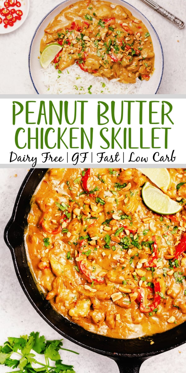 This peanut butter chicken skillet is a super easy one pot meal. It is naturally dairy free and gluten free and the combination of the spices, chicken, and peanut butter make for a hearty, fulfilling dish. It takes less than 20 minutes from start to finish for a dinner that the whole family will love! #dairyfreerecipes #glutenfreerecipes #glutenfreedairyfreerecipes #healthychickenrecipes #healthydinnerrecipes #30minutemeals