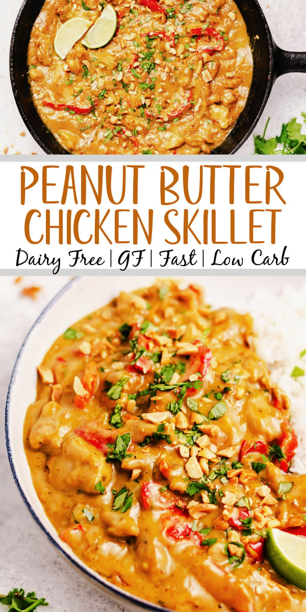 This peanut butter chicken skillet is a super easy one pot meal. It is naturally dairy free and gluten free and the combination of the spices, chicken, and peanut butter make for a hearty, fulfilling dish. It takes less than 20 minutes from start to finish for a dinner that the whole family will love! #dairyfreerecipes #glutenfreerecipes #glutenfreedairyfreerecipes #healthychickenrecipes #healthydinnerrecipes #30minutemeals