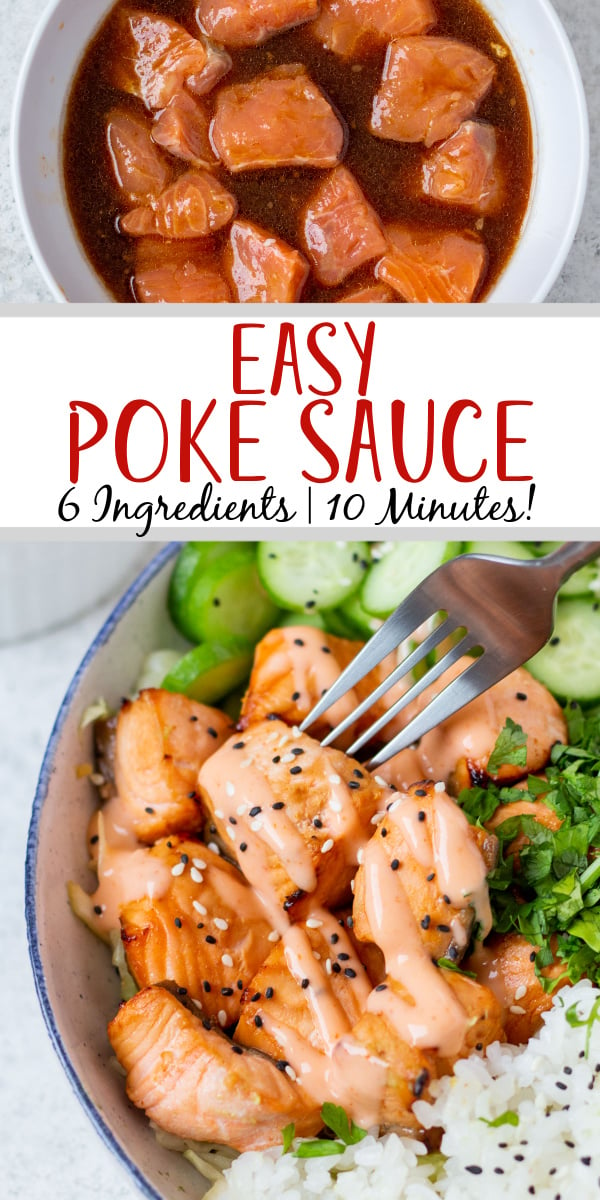 This easy homemade poke sauce recipe is the perfect blend of sweet and savory flavors you would want in a poke sauce. It is dairy free and can easily be made gluten free as well. This recipe takes less than 5 minutes to make, consists of only six simple ingredients and is perfect for all of your tuna poke bowls and salmon poke bowls. Poke sauce can add a flavorful twist to many recipes and works great as a substitute to soy sauce. #pokebowl #pokesauce #easyfishrecipes #healthysaucerecipes #glutenfreerecipes #dairyfreerecipes #glutenfreedairyfreerecipes